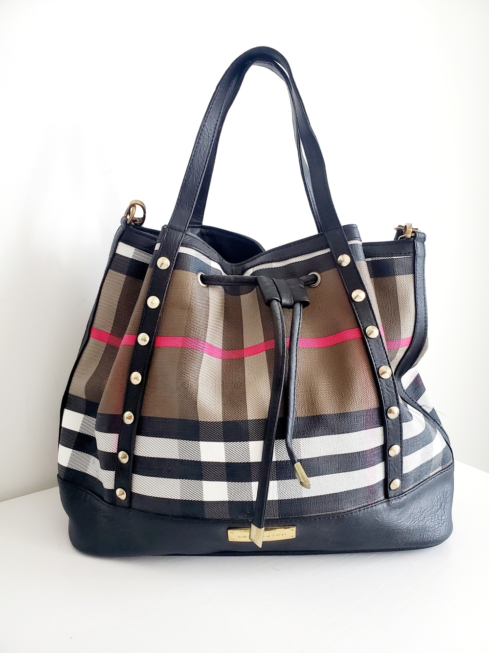 Plaid Drawstring Shoulder Bag in Tan, Black & Pink
